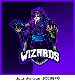 Dark Wizard Magician mascot esport logo design illustrations vector template, Witch , Magician logo for team game streamer youtuber banner twitch discord, full color cartoon style