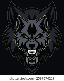 Dark Wolf Mascot Logo with Green Eyes – Vector Illustration. Powerful and menacing wolf mascot logo featuring a fierce expression, sharp fangs, and glowing green eyes. 