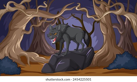 Dark wolf standing on rock in eerie woods.