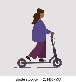 Dark woman, adult girl riding electric walk scooter. On the side. Colored flat vector illustration.  Isolated on white background.