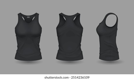 Camisas sem mangas de mulheres escuras com símbolo maquete conjunto de contorno de vetor razoável. Móveis de verão com modelos 3d de formato de símbolo em fundação fraca