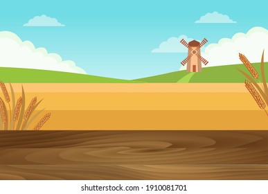 Dark wood boards table and background of a wheat field, ears and mill. Vector colorful landscape.
