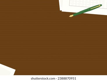 Dark wood grain desk background. Manuscript paper, fountain pen and paper frame.
