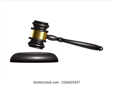 Dark wood judge or auction gavel with gold decoration and sole. 3D illustration on white isolated background.