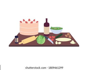 dark wood kitchen countertops with cake, bottle of wine and vegetables vector illustration design