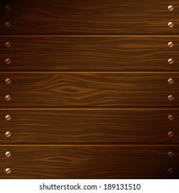 Dark wooden boards with screws. Vector background.