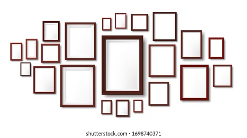 Dark wooden frames composition mockup. Photo frame hanging on wall, pictures grid and wood borders vector illustration template. Frame exhibition photo, framework empty on wall