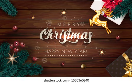 Dark Wooden poster illustration  Background with Realistic Christmas Tree Branches, Gift boxes, Gold Stars and Gold Christmas deer. Lettering Merry Christmas and Happy New Year with snowflakes