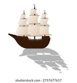 A dark wooden ship with light-colored sails raised. Three-masted vessel. Simple design. White background. Design element. Vector illustration.
