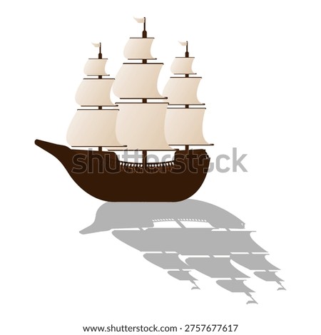 A dark wooden ship with light-colored sails raised. Three-masted vessel. Simple design. White background. Design element. Vector illustration.