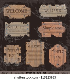 Dark wooden signboard, web elements set, banners and label