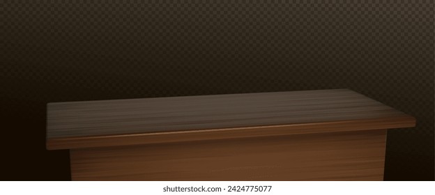 Mesa de madera oscura con encimera vacía sobre fondo transparente. Ilustración vectorial 3D realista de la vista de perspectiva de ángulo en el escritorio con superficie de textura de madera. Maqueta de muebles de cocina o de oficina.