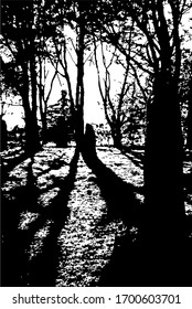 Dark woods with ancient stones, heavy long shadows coming from the Sun piercing the darkness of the forest.