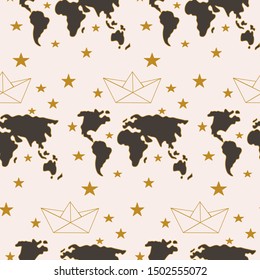 Dark world map, golden paper boats and stars, in a seamless pattern design, perfect to use on the web or in print, for surface design