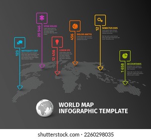 Dark World map infographic template with thin line square pointer marks and icons, description and year labels. Simple worldmap infochart template layout design