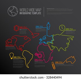 Infografische Dark World Map-Vorlage mit Zeigermarken und Symbolen