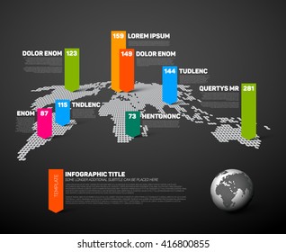 Dark World Map Infografik Vorlage mit globalen Farbzeigermarken und Datennummern Visualisierung.