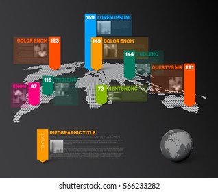 Dark World map infographic template with globe, color pointer marks, small photos and data numbers visualization