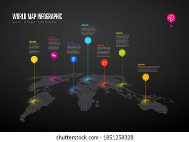 Mapa del mundo oscuro con marcas de puntero, iconos y descripciones - plantilla infográfica