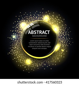 Dark yellow Abstract ring background. Metal chrome shine round frame with light circles and spark light effect. Vector sparkling glowing stainless steel cover. Space for your message.