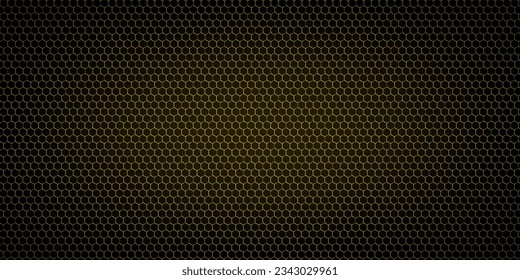 Dark yellow abstract wide horizontal banner with hexagon carbon fiber grid and orange glowing lines. Technology vector background with orange neon lines