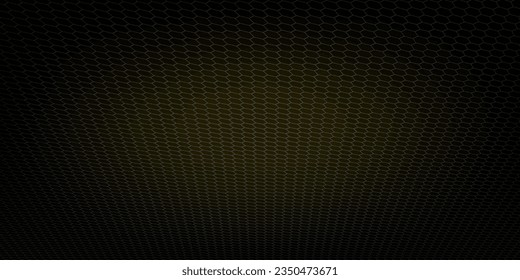 Dark yellow abstract wide horizontal banner with hexagon carbon fiber grid and orange glowing lines. Technology vector background with orange neon lines