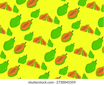 Fondo amarillo oscuro con ilustraciones de papaya fresca, ideal para diseños tropicales, promociones y contenido creativo