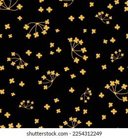 Dark yellow and black floral pattern is simple and modest. Small ditsy flowers are adorable. Abstract seamless vector blossom pattern in doodle style.