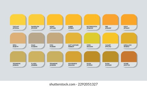 Paleta de guía de color amarillo oscuro con nombres de color. Catálogo Muestras de amarillo oscuro con códigos RGB HEX y nombres. Vector de paleta de colores metálicos, paleta de color amarillo oscuro de madera y plástico, tendencia de moda