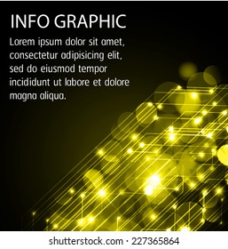 Dark yellow Defocused Light, Flickering Lights, Vector abstract festive background with bokeh defocused light. text box. card. Brochure. Abstract Technology background for computer graphic.
