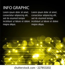 Dark yellow Defocused Light, Flickering Lights, Vector abstract festive background with bokeh defocused light. text box. card. Brochure. Abstract Technology background for computer graphic. 