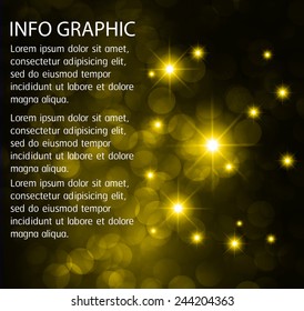 Dark yellow Defocused Light, Flickering Lights, Vector abstract festive background with bokeh defocused lights. universe, galaxies, stars. text box. Brochure. card.