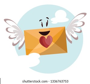 Dark yellow envelope with a red heart and wings smiling vector illustrtation in light blue circle on white background.