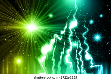 Dark yellow green blue Night sky with stars and nebula. lightning flash strike background. bolt, thunderbolt. thunder
