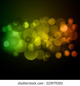 Dark yellow green orange bokeh Festive background. Christmas and New Year. Blurred defocus lights. Vector background. 