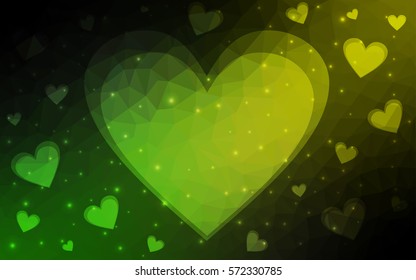 Dark Yellow, green vector heart isolated on white background. Geometric rumpled triangular low poly origami style gradient graphic illustration. Polygonal design for your business.