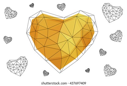 Dark Yellow heart isolated on white background. Geometric rumpled triangular low poly origami style gradient graphic illustration. Vector polygonal design for your business.