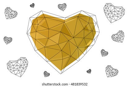 Dark Yellow heart isolated on white background. Geometric rumpled triangular low poly origami style gradient graphic illustration. Vector polygonal design for your business.