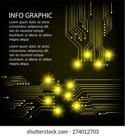 dunkelgelber hellabstrakter Technologie-Hintergrund für Computer-Grafik Website Internet und Business. Stromkreis. Illustration. Infografiken. Textfeld. Broschüre. Karte. Banner Flyer Magazin. beschriften. 