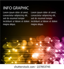 Dark yellow orange purple Defocused Light, Flickering. Vector abstract festive background with bokeh defocused light. text box. card. Brochure. Abstract Technology background for computer graphic. 