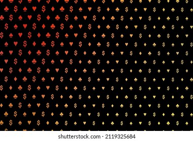 Dark yellow, orange vector background with cards signs. Blurred decorative design of hearts, spades, clubs, diamonds. Pattern for ads of parties, events in Vegas.