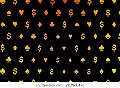 Dark yellow, orange vector background with cards signs. Colored illustration with hearts, spades, clubs, diamonds. Pattern for booklets, leaflets of gambling houses.