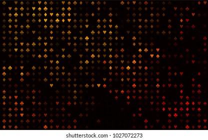 Dark Yellow, Orange vector cover with symbols of gamble. Colored illustration with hearts, spades, clubs, diamonds. Design for ad, poster, banner of gambling websites.