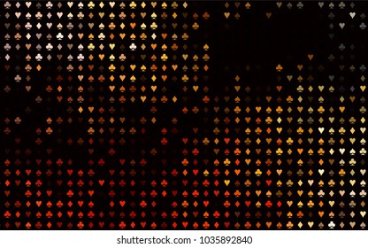 Dark Yellow, Orange vector cover with symbols of gamble. Colorful gradient with signs of hearts, spades, clubs, diamonds. Pattern for booklets, leaflets of gambling houses.