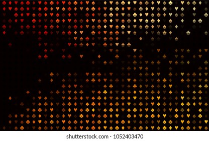 Dark Yellow, Orange vector cover with symbols of gamble. Colored illustration with hearts, spades, clubs, diamonds. Pattern for leaflets of poker games, events.