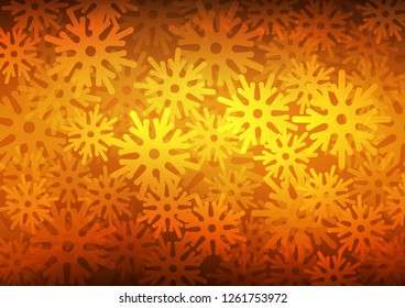 Dark Yellow, Orange vector cover with beautiful snowflakes. Snow on blurred abstract background with gradient. The pattern can be used for year new  websites.