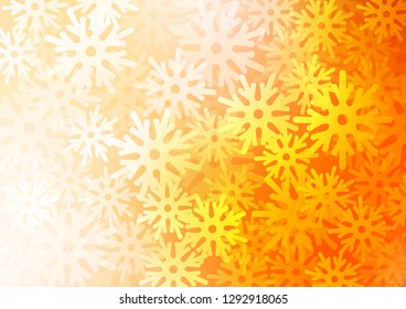 Dark Yellow, Orange vector cover with beautiful snowflakes. Shining colored illustration with snow in christmas style. New year design for your business advert.