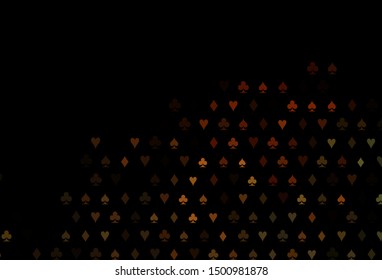 Dark Yellow, Orange vector cover with symbols of gamble. Colorful gradient with signs of hearts, spades, clubs, diamonds. Pattern for leaflets of poker games, events.