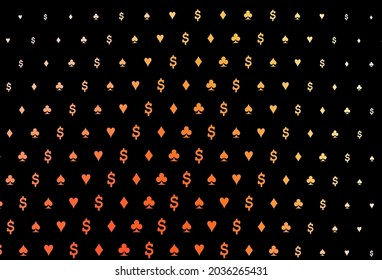 Dark yellow, orange vector cover with symbols of gamble. Glitter abstract sketch with isolated symbols of playing cards. Pattern for ads of parties, events in Vegas.