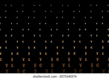 Dark yellow, orange vector cover with EUR, USD, GBP, JPY. Blurred design in with symbols of dollar, USD, usa. Template for ads of markets, loans.